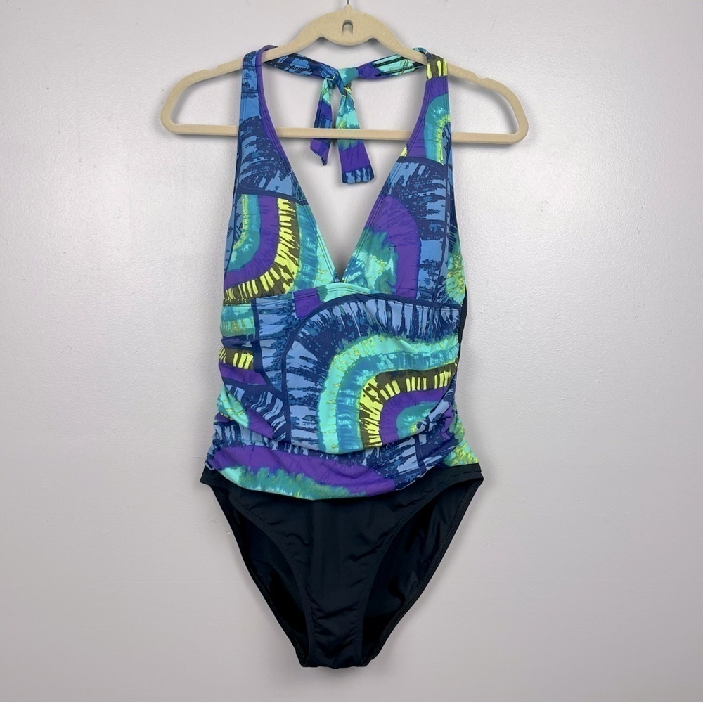 Bleu Rod Beattie abstract modest halter ruched 1 piece swimsuit, size 12.